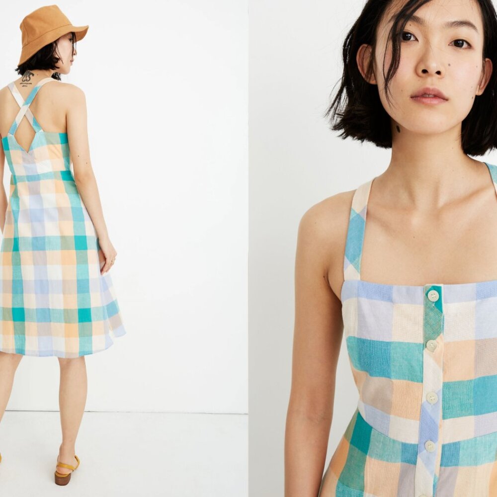 NEW Madewell Tank Button-Front Midi Dress in Rainbow Check, Women's Size 2P